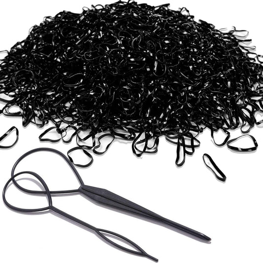 2000 Stück Haargummis, elastische Haarbänder, Mini-Haargummis mit 2 Stück Topsy Tail Haarwerkzeugen für Mädchen, Pferdeschwanz-Haarzubehör, weiche, rutschfeste, kleine Haargummis, Schwarz