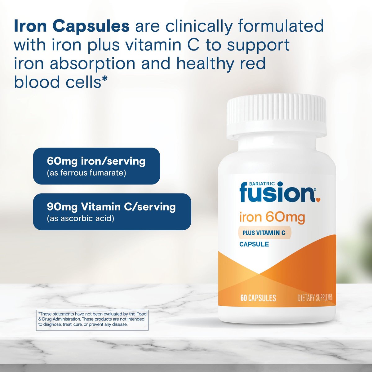 Bariatric Fusion Eisen 60mg mit Vitamin C – Leicht zu schluckende Kapsel – Eisenpräparat für Frauen und Männer – Gluten-, Milch- und Sojafrei – Nicht-GMO – 60 Kapseln