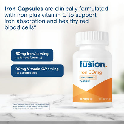 Bariatric Fusion Eisen 60mg mit Vitamin C – Leicht zu schluckende Kapsel – Eisenpräparat für Frauen und Männer – Gluten-, Milch- und Sojafrei – Nicht-GMO – 60 Kapseln