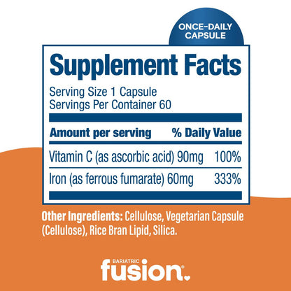 Bariatric Fusion Eisen 60mg mit Vitamin C – Leicht zu schluckende Kapsel – Eisenpräparat für Frauen und Männer – Gluten-, Milch- und Sojafrei – Nicht-GMO – 60 Kapseln