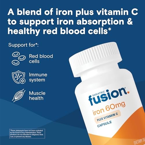 Bariatric Fusion Eisen 60mg mit Vitamin C – Leicht zu schluckende Kapsel – Eisenpräparat für Frauen und Männer – Gluten-, Milch- und Sojafrei – Nicht-GMO – 60 Kapseln