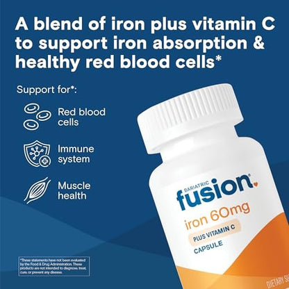 Bariatric Fusion Eisen 60mg mit Vitamin C – Leicht zu schluckende Kapsel – Eisenpräparat für Frauen und Männer – Gluten-, Milch- und Sojafrei – Nicht-GMO – 60 Kapseln