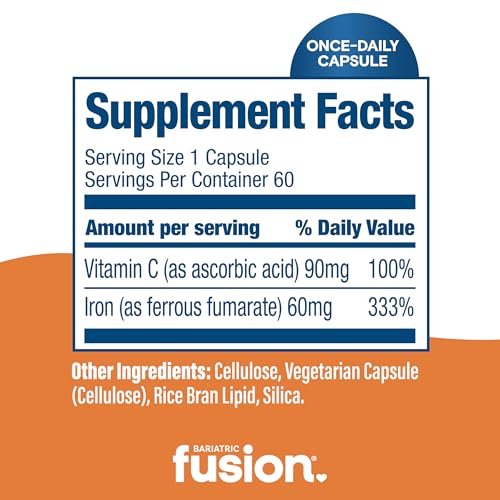 Bariatric Fusion Eisen 60mg mit Vitamin C – Leicht zu schluckende Kapsel – Eisenpräparat für Frauen und Männer – Gluten-, Milch- und Sojafrei – Nicht-GMO – 60 Kapseln