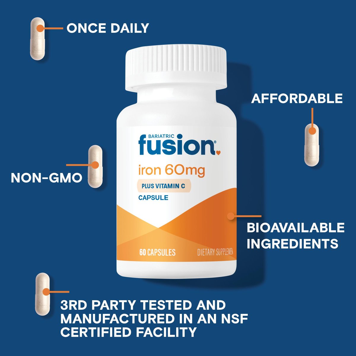 Bariatric Fusion Eisen 60mg mit Vitamin C – Leicht zu schluckende Kapsel – Eisenpräparat für Frauen und Männer – Gluten-, Milch- und Sojafrei – Nicht-GMO – 60 Kapseln
