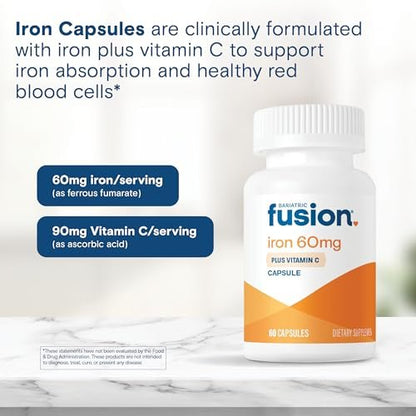 Bariatric Fusion Eisen 60mg mit Vitamin C – Leicht zu schluckende Kapsel – Eisenpräparat für Frauen und Männer – Gluten-, Milch- und Sojafrei – Nicht-GMO – 60 Kapseln