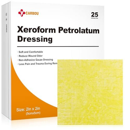 Carbou Medical Xeroform Petrolatum Verband 2"x2" – 25 einzeln verpackte, nicht haftende Gaze-Pads für Wundversorgung, Verbrennungen, Schürfwunden, Hauttransplantationen und chirurgische Schnitte