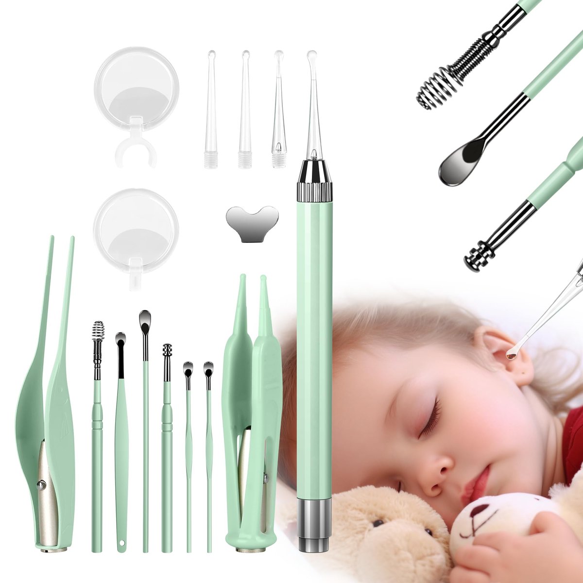 POZILAN Ohrenreinigungsset mit LED-Licht – 15-teiliges Ohrenschmalz-Entfernungsset für Kinder und Erwachsene, Ohrenlöffel & Pinzette, grün
