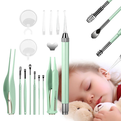 POZILAN Ohrenreinigungsset mit LED-Licht – 15-teiliges Ohrenschmalz-Entfernungsset für Kinder und Erwachsene, Ohrenlöffel & Pinzette, grün
