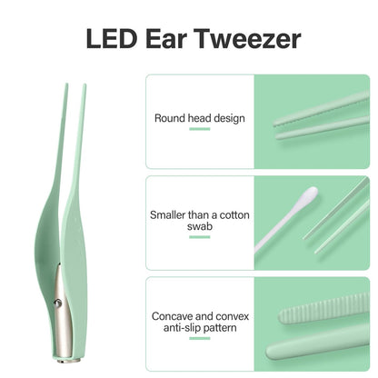 POZILAN Ohrenreinigungsset mit LED-Licht – 15-teiliges Ohrenschmalz-Entfernungsset für Kinder und Erwachsene, Ohrenlöffel & Pinzette, grün