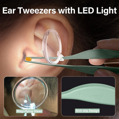 POZILAN Ohrenreinigungsset mit LED-Licht – 15-teiliges Ohrenschmalz-Entfernungsset für Kinder und Erwachsene, Ohrenlöffel & Pinzette, grün