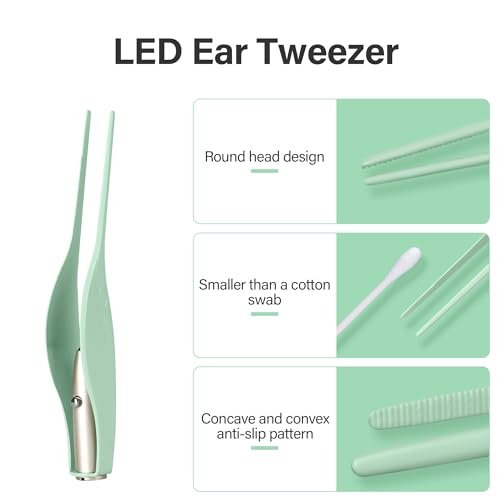 POZILAN Ohrenreinigungsset mit LED-Licht – 15-teiliges Ohrenschmalz-Entfernungsset für Kinder und Erwachsene, Ohrenlöffel & Pinzette, grün