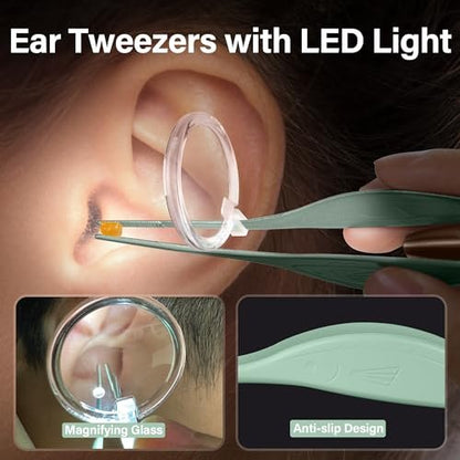 POZILAN Ohrenreinigungsset mit LED-Licht – 15-teiliges Ohrenschmalz-Entfernungsset für Kinder und Erwachsene, Ohrenlöffel & Pinzette, grün
