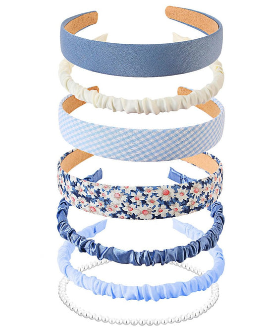 JELIEE 7-teiliges Stirnband-Set für Damen – Rutschfeste Haarbänder in verschiedenen Designs: Blumen, Perlen, gedreht, einfarbig blau und weiß