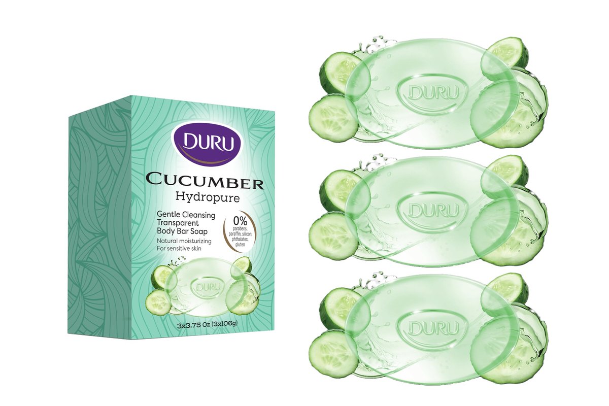 Duru Cucumber Glycerin Seife – Feuchtigkeitsspendende Reinigungsbar für empfindliche Haut – Vegan, transparent, parfümfrei – 3er Pack