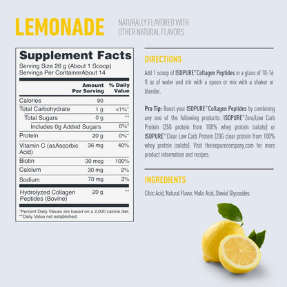Isopure 20g Grass-Fed Collagen Peptides mit Biotin + Vitamin C – Unterstützt Haut, Haar, Nägel & Gelenke – Limonade, Keto-freundliches Kollagenpulver, 14 Portionen