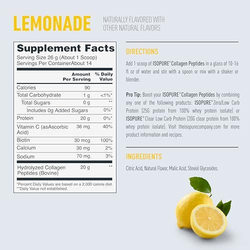 Isopure 20g Grass-Fed Collagen Peptides mit Biotin + Vitamin C – Unterstützt Haut, Haar, Nägel & Gelenke – Limonade, Keto-freundliches Kollagenpulver, 14 Portionen