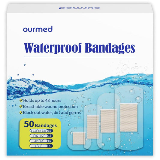 Ourmed wasserdichte Pflaster, transparente Klebepflaster für Erste Hilfe, Wundversorgung, Finger, Knie und Fersen, haften auf der Haut beim Baden, Duschen oder im Pool, gemischte Größen, 50 Stück