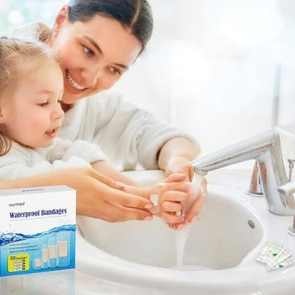 Ourmed wasserdichte Pflaster, transparente Klebepflaster für Erste Hilfe, Wundversorgung, Finger, Knie und Fersen, haften auf der Haut beim Baden, Duschen oder im Pool, gemischte Größen, 50 Stück