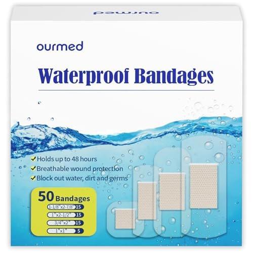 Ourmed wasserdichte Pflaster, transparente Klebepflaster für Erste Hilfe, Wundversorgung, Finger, Knie und Fersen, haften auf der Haut beim Baden, Duschen oder im Pool, gemischte Größen, 50 Stück
