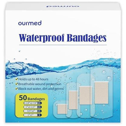 Ourmed wasserdichte Pflaster, transparente Klebepflaster für Erste Hilfe, Wundversorgung, Finger, Knie und Fersen, haften auf der Haut beim Baden, Duschen oder im Pool, gemischte Größen, 50 Stück