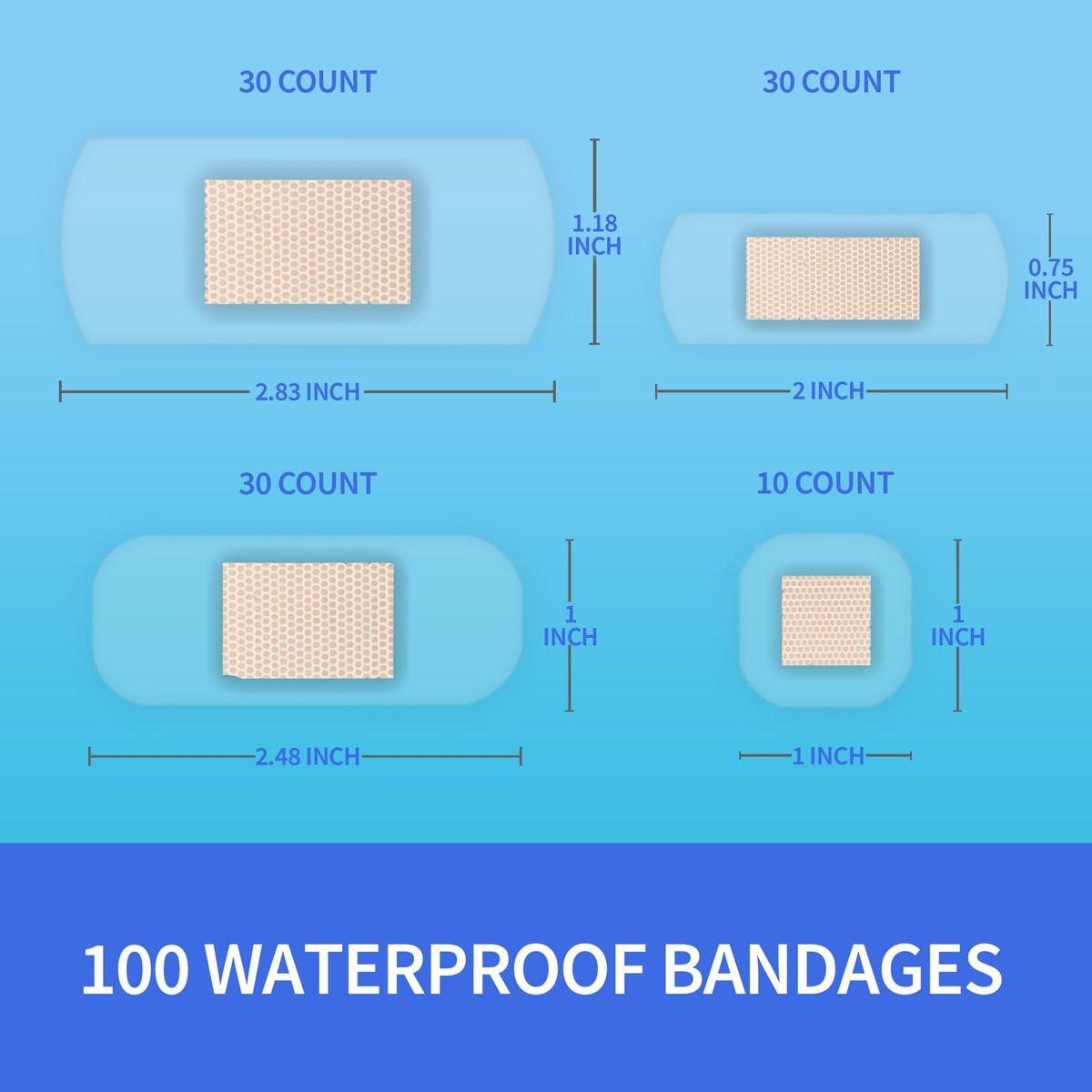 Ourmed Wasserfeste Pflaster, Klarsichtpflaster für Erste Hilfe, Wundversorgung, Finger, Knie und Fersen, Haftet auf der Haut im Bad, unter der Dusche oder im Pool, Verschiedene Größen, 100 Stück