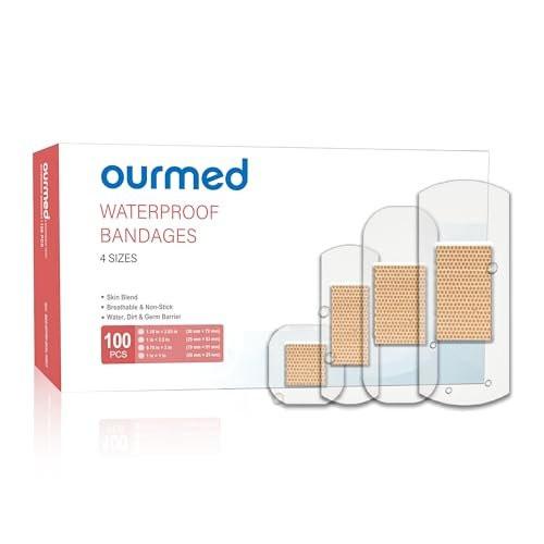 Ourmed Wasserfeste Pflaster, Klarsichtpflaster für Erste Hilfe, Wundversorgung, Finger, Knie und Fersen, Haftet auf der Haut im Bad, unter der Dusche oder im Pool, Verschiedene Größen, 100 Stück