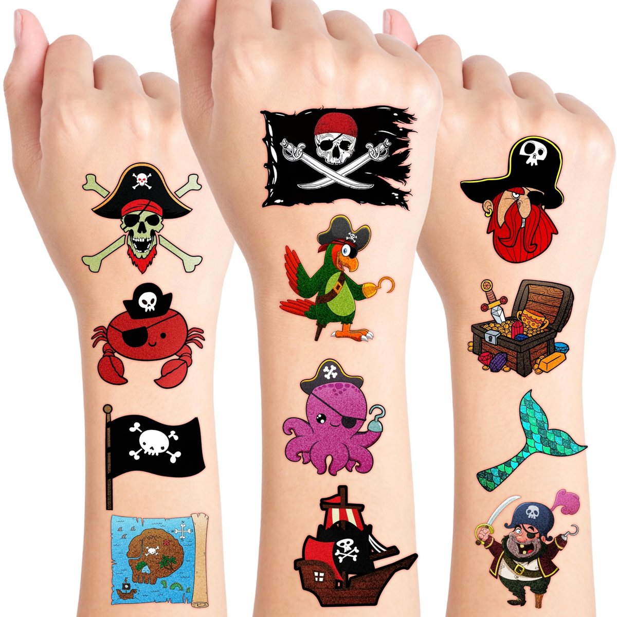 96 Stück Piraten-Motiv Tattoos zum Aufkleben – Süße Designs mit Piratenschiff, Meerjungfrau und Schatz – Partygeschenke, Geburtstagsbedarf, Klassenbelohnungen & Halloween-Geschenke