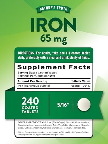 Nature's Truth Eisen Tabletten 65 mg | 240 Stück | 325 mg Eisensulfat | Veganes, Nicht-GVO & Glutenfreies Nahrungsergänzungsmittel