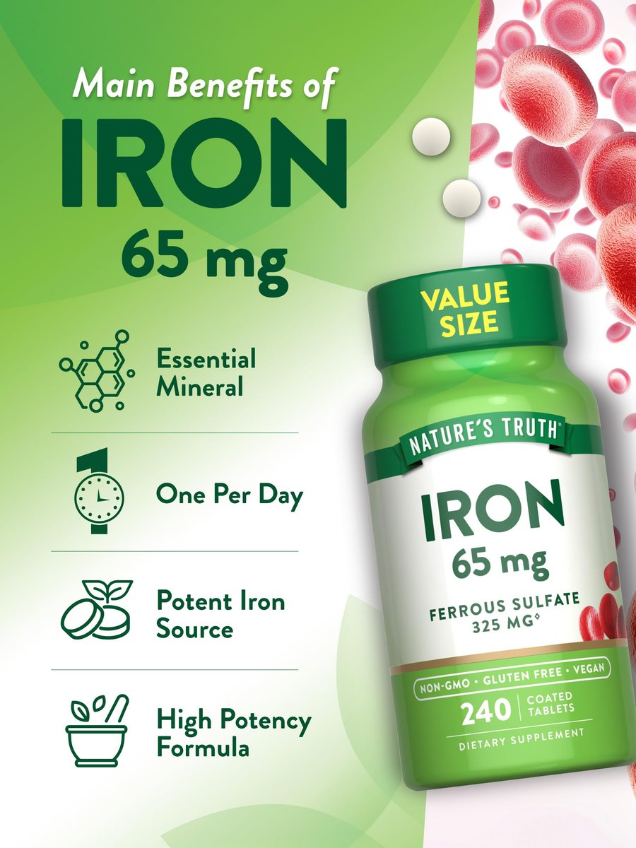 Nature's Truth Eisen Tabletten 65 mg | 240 Stück | 325 mg Eisensulfat | Veganes, Nicht-GVO & Glutenfreies Nahrungsergänzungsmittel