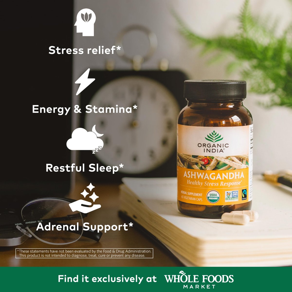 ORGANIC INDIA Ashwagandha Kapseln - Bio Ashwagandha Nahrungsergänzung - Vegane Ashwagandha Wurzel, Glutenfrei, Koscher, Nicht-GVO, Unterstützt Stressabbau, Energie und Schlaf - 60 Kapseln