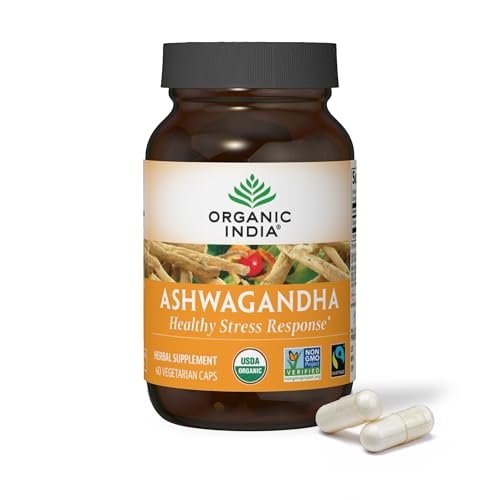ORGANIC INDIA Ashwagandha Kapseln - Bio Ashwagandha Nahrungsergänzung - Vegane Ashwagandha Wurzel, Glutenfrei, Koscher, Nicht-GVO, Unterstützt Stressabbau, Energie und Schlaf - 60 Kapseln