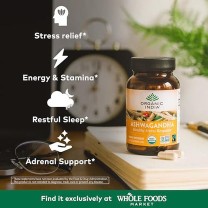 ORGANIC INDIA Ashwagandha Kapseln - Bio Ashwagandha Nahrungsergänzung - Vegane Ashwagandha Wurzel, Glutenfrei, Koscher, Nicht-GVO, Unterstützt Stressabbau, Energie und Schlaf - 60 Kapseln
