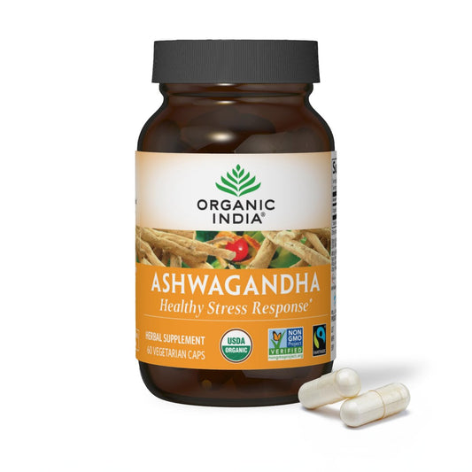 ORGANIC INDIA Ashwagandha Kapseln - Bio Ashwagandha Nahrungsergänzung - Vegane Ashwagandha Wurzel, Glutenfrei, Koscher, Nicht-GVO, Unterstützt Stressabbau, Energie und Schlaf - 60 Kapseln