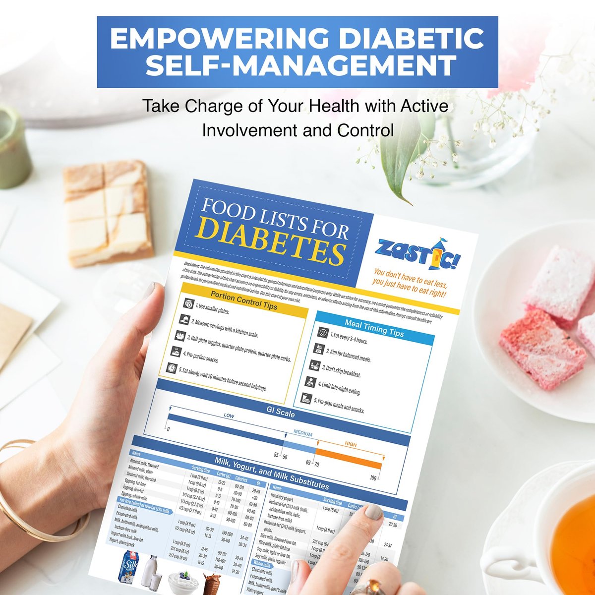 Zastic! Laminierte Diabetes-Lebensmitteltabelle & Mahlzeitenplaner 8,5"x11" – 345 Lebensmittel mit Portionsgrößen, Kohlenhydraten, Kalorien und glykämischem Index