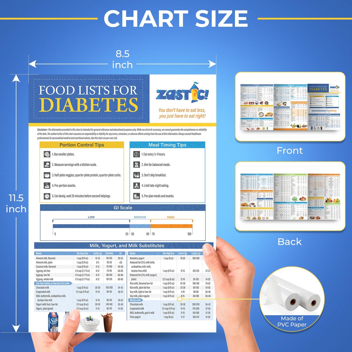 Zastic! Laminierte Diabetes-Lebensmitteltabelle & Mahlzeitenplaner 8,5"x11" – 345 Lebensmittel mit Portionsgrößen, Kohlenhydraten, Kalorien und glykämischem Index
