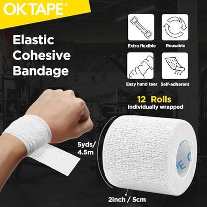 OK TAPE 12 Rollen Selbstklebende Bandage, elastisches Sporttape, selbsthaftendes Verbandstape, Vet Wrap, medizinisches Tape für Handgelenk, Füße, 5 cm x 4,6 m - Weiß