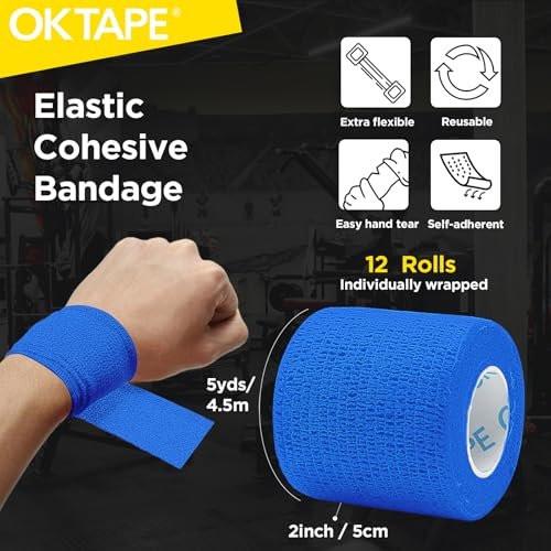 OK TAPE 12 Rollen Selbstklebender Verbandwickel, Elastisches Athletik-Tape, Selbsthaftendes Bandagen-Tape, Veterinärwickel, medizinische Wickel für Handgelenk, Füße, 5 cm x 4,5 m - Blau