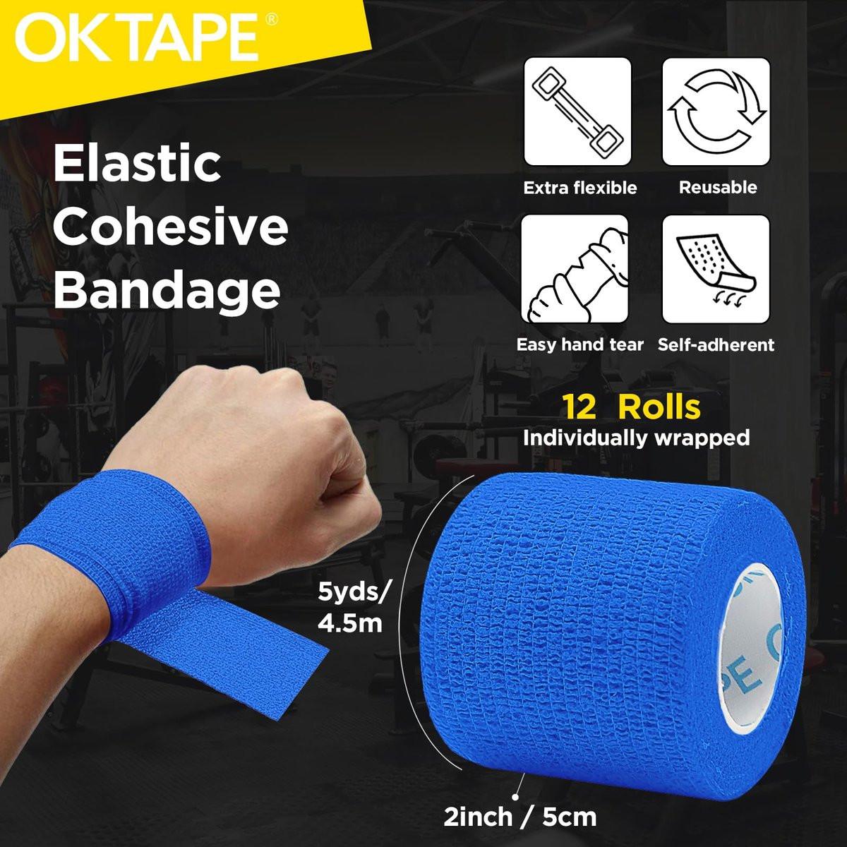 OK TAPE 12 Rollen Selbstklebender Verbandwickel, Elastisches Athletik-Tape, Selbsthaftendes Bandagen-Tape, Veterinärwickel, medizinische Wickel für Handgelenk, Füße, 5 cm x 4,5 m - Blau