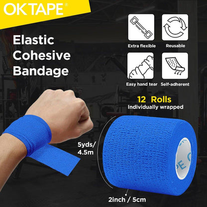OK TAPE 12 Rollen Selbstklebender Verbandwickel, Elastisches Athletik-Tape, Selbsthaftendes Bandagen-Tape, Veterinärwickel, medizinische Wickel für Handgelenk, Füße, 5 cm x 4,5 m - Blau