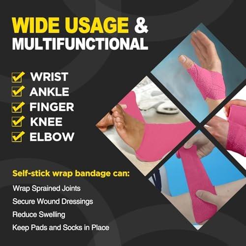 OK TAPE 12 Rollen Selbstklebende Bandage, Elastisches Athletik-Tape, Selbsthaftendes Verbandstape, Veterinärwickel, medizinisches Tape für Handgelenk, Füße, 2" x 4,6 m - Rosa