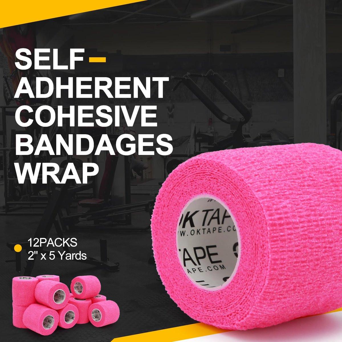 OK TAPE 12 Rollen Selbstklebende Bandage, Elastisches Athletik-Tape, Selbsthaftendes Verbandstape, Veterinärwickel, medizinisches Tape für Handgelenk, Füße, 2" x 4,6 m - Rosa