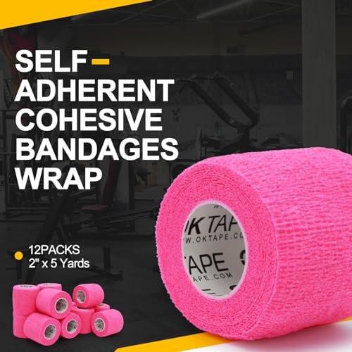 OK TAPE 12 Rollen Selbstklebende Bandage, Elastisches Athletik-Tape, Selbsthaftendes Verbandstape, Veterinärwickel, medizinisches Tape für Handgelenk, Füße, 2" x 4,6 m - Rosa