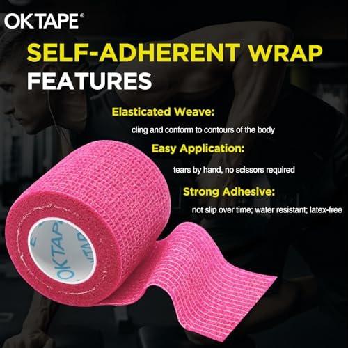 OK TAPE 12 Rollen Selbstklebende Bandage, Elastisches Athletik-Tape, Selbsthaftendes Verbandstape, Veterinärwickel, medizinisches Tape für Handgelenk, Füße, 2" x 4,6 m - Rosa