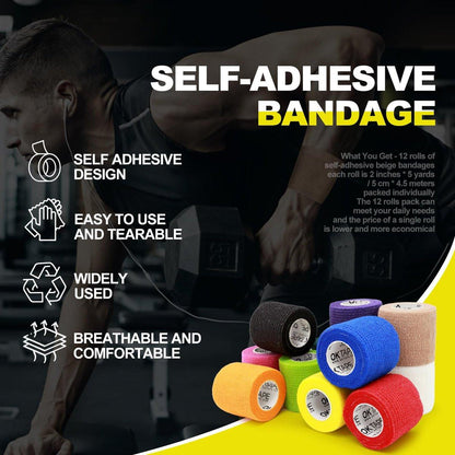 OK TAPE 12 Rollen Selbstklebender Verband, Elastisches Sporttape, Selbsthaftendes Band, Veterinärwickel, Medizinisches Tape für Handgelenk, Füße, 5 cm x 4,5 m