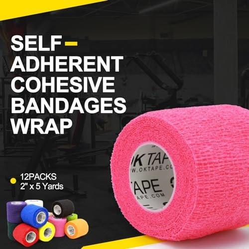 OK TAPE 12 Rollen Selbstklebender Verband, Elastisches Sporttape, Selbsthaftendes Band, Veterinärwickel, Medizinisches Tape für Handgelenk, Füße, 5 cm x 4,5 m