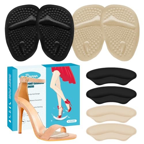 ZUCNANA Ball-of-Foot-Polster für Damen – 4 Paar Metatarsal-Pads, Anti-Rutsch-Fersenpolster gegen Blasen und Verrutschen (Beige+Schwarz)