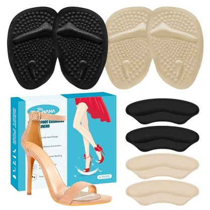 ZUCNANA Ball-of-Foot-Polster für Damen – 4 Paar Metatarsal-Pads, Anti-Rutsch-Fersenpolster gegen Blasen und Verrutschen (Beige+Schwarz)