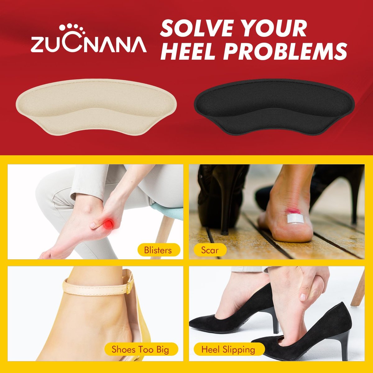 ZUCNANA Ball-of-Foot-Polster für Damen – 4 Paar Metatarsal-Pads, Anti-Rutsch-Fersenpolster gegen Blasen und Verrutschen (Beige+Schwarz)