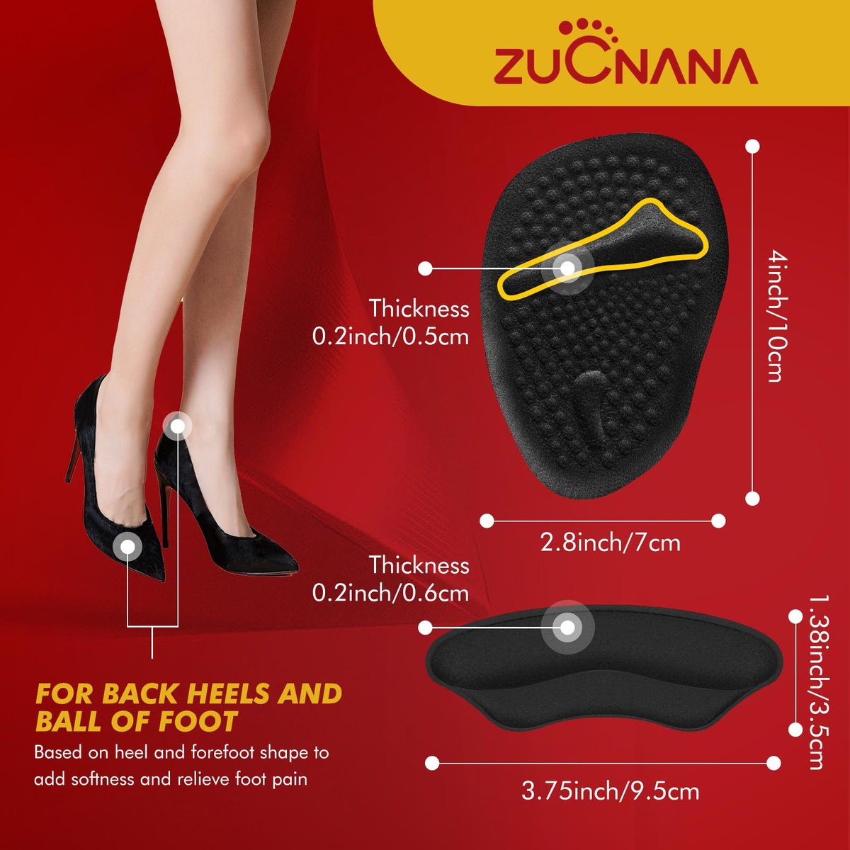 ZUCNANA Ball-of-Foot-Polster für Damen – 4 Paar Metatarsal-Pads, Anti-Rutsch-Fersenpolster gegen Blasen und Verrutschen (Beige+Schwarz)