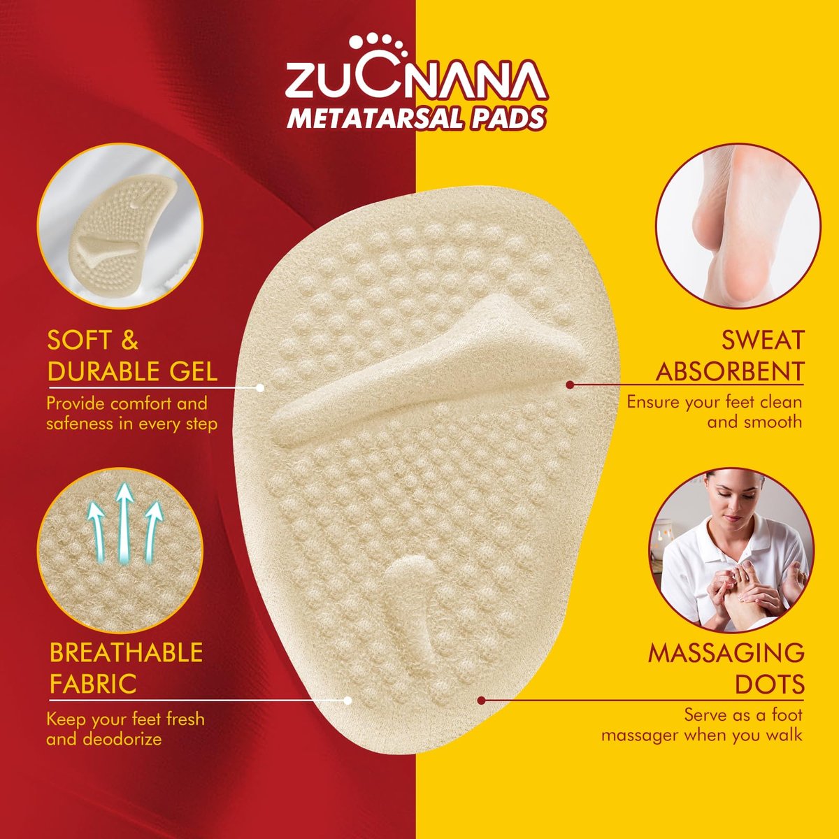 ZUCNANA Ball-of-Foot-Polster für Damen – 4 Paar Metatarsal-Pads, Anti-Rutsch-Fersenpolster gegen Blasen und Verrutschen (Beige+Schwarz)